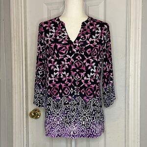 Susan Graver Black Pink and White V-Neck Patterned Tunic